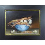 CONTEMPORARY SCHOOL 'Shrimps and Clams in a Ceramic Bowl', oil on board, monogrammed M.R. lower