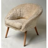 ARMCHAIR, 1960's, faux sheepskin covered tub armchair with tapering metal capped supports, 80cm