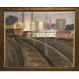 J. R. WOOLNOUGH 'Battersea from the Railway', oil on board, signed and dated '74, 45cm x 37cm,