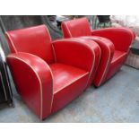 ODEON STYLE CLUB ARMCHAIRS, a pair, Art Deco design, red finish with white piping detail, 76cm W. (
