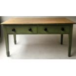 KITCHEN TABLE, Victorian pine scrubbed top and original green painted two drawer base, 158cm x