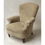 ARMCHAIR, Victorian style spoonback in putti grey chenille with scroll arms and turned supports,