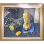 TOM WHITE 'Carved Head with Log, n°2', oil on board, signed, 50cm x 60cm, framed.