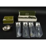 CHRISTOFLE SILVER PLATE LEAF DISH, along with four unopened soup spoons in original boxes. (2)