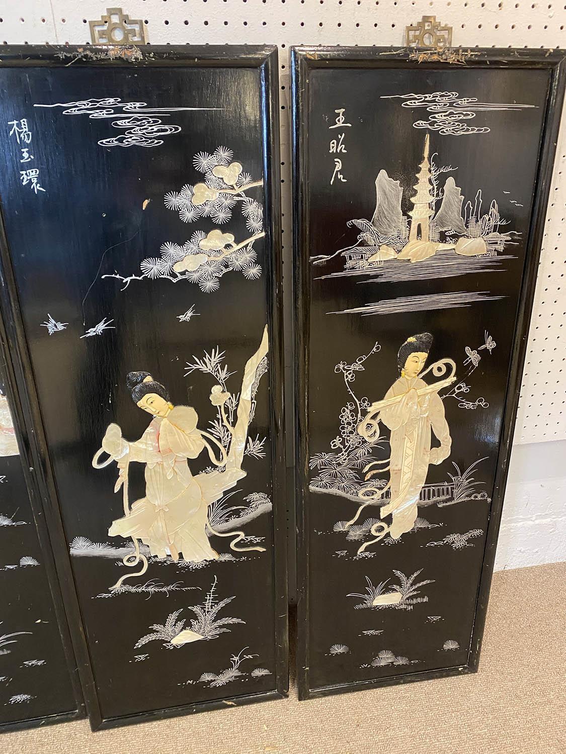 CHINESE TABLEAUX, four, with ebonised background and applied figural detail, each 30cm W x 92cm H - Image 7 of 13