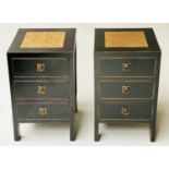 BEDSIDE CHESTS, a pair, Lombok style black lacquered and cane inlaid with three drawers, 35cm x 35cm