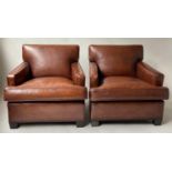 HOWARD ARMCHAIRS, a pair, hand dyed mid brown and grained leather with tapering supports, labelled