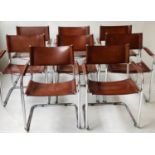 DINING ARMCHAIRS, a matched set of eight Bauhaus style hand dyed mid brown leather and chrome framed