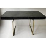 JULIAN CHICHESTER CORTES DESK, black vellum wrapped with gilded steel legs and four frieze