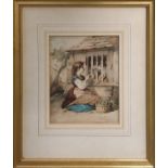FREDERICK WILLIAM DAVIS (1862-1919) 'Girl with Rabbits', watercolour, signed, 19cm x 16cm, framed.