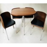 DINING SET, Heal's style laminated oak, rounded square with black vinyl seat 'under-store' chairs,