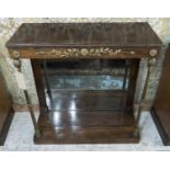 CONSOLE TABLE, Regency rosewood and brass mounted with mirrored back and front column supports, 91cm