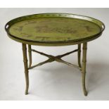 TOLEWARE TRAY ON STAND, 19th century green painted and figure decorated with handle pierced