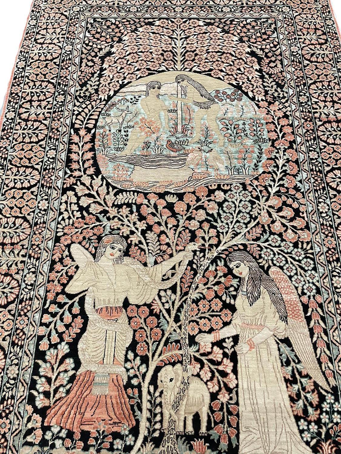 VERY FINE PURE SILK PICTORIAL RUG, 137cm X 80cm. - Image 2 of 7