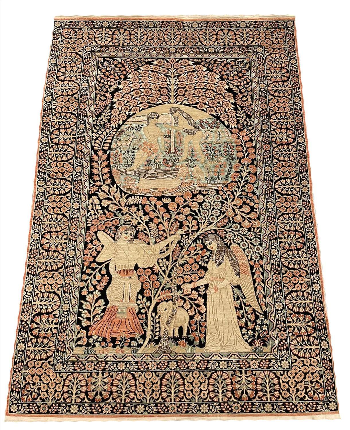 VERY FINE PURE SILK PICTORIAL RUG, 137cm X 80cm.