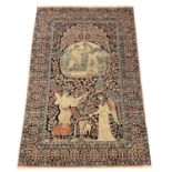 VERY FINE PURE SILK PICTORIAL RUG, 137cm X 80cm.