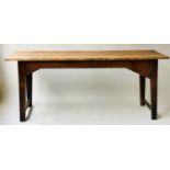 FARMHOUSE TABLE, 19th century French planked pine and oak supports with frieze drawer, 181cm W x