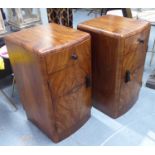 BEDSIDE CABINETS, a pair, Art Deco design walnut, each with a drawer and door, 66cm H x 37cm x 39cm.