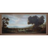 MONTICELLI 'Landscape with Figures Walking by a River in the Foreground', oil on leather, signed