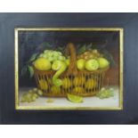 CONTEMPORARY SCHOOL 'Lemons and Grapes in a Wicker Basket', oil on board, monogrammed M.R. lower