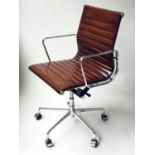 REVOLVING DESK CHAIR, Charles and Ray Eames inspired hand dyed leaf brown ribbed leather revolving
