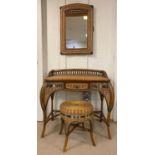 DRESSING TABLE AND STOOL, Ralph Lauren style dual colour rattan and bamboo, 88cm H x 85cm x 50cm,