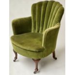 ART DECO ARMCHAIR, sage green velvet with 'cloud' pleated back, 66cm W.