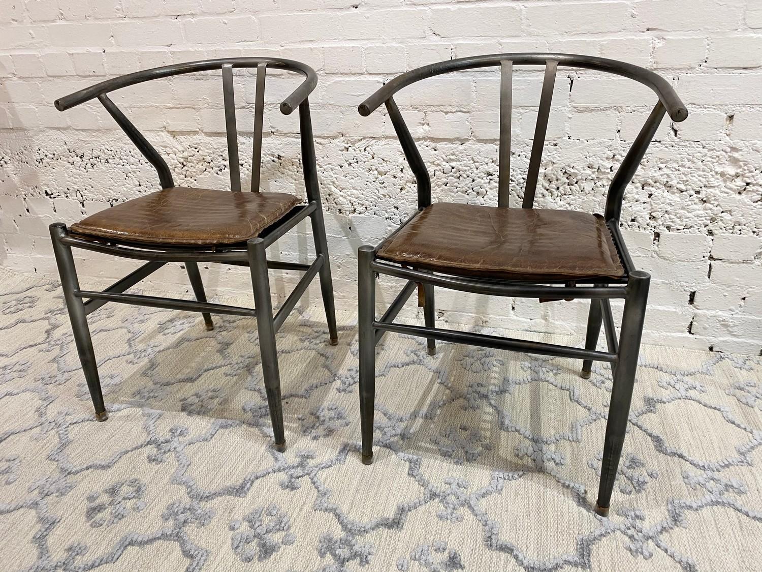 AFTER HANS J WEGNER WISHBONE STYLE CHAIRS, a pair, vintage steel framed with stitched brown - Image 3 of 4