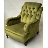 ARMCHAIR, Victorian Howard style, Royal green velvet with button upholstered back and arm tops