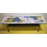 JOHN PIPER DESIGN TOPPED LOW TABLE, formica top depicting London landmarks, 35cm H x 114cm x 38cm.