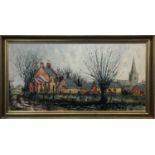 PAUL MANN (1907-1994) 'Country Landscape with Church and Farmhouse', oil on board, 49cm x 100cm,