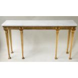CONSOLE TABLE, George III style giltwood with grey veined white marble top and fluted frieze,