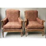 BERGERES, a pair, French 20th century transitional style limed fruitwood with mulberry close