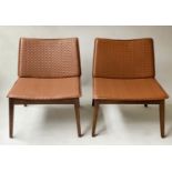 SIDE CHAIRS, a pair, contemporary Danish embossed lattice tan seat and back cushions with teak