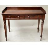WRITING TABLE, Victorian figured mahogany with 3/4 galleried writing surface and two frieze drawers,
