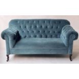 CHESTERFIELD SOFA, Edwardian misty blue velvet upholstered with deep buttoned back and arms on