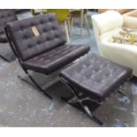 AFTER MIES VAN DER ROHE BARCELONA STYLE CHAIR AND STOOL, 75cm W. (2)