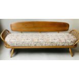 SURFBOARD SOFA/DAYBED, Ercol 1970's elm with slab back and slide and bentwood arms, 210cm W.