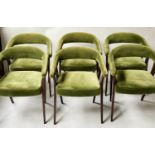 DINING ARMCHAIRS, a set of six, Royal green velvet with arched back arms and tapering supports. (