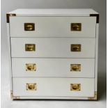 CAMPAIGN STYLE CHEST, white with four long drawers and recessed brass handles, 70cm x 70cm x 45cm.