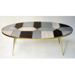 COFFEE TABLE, oval grey, black and driftwood panelled and brass bound on brass tapering supports,
