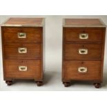 CAMPAIGN CHESTS, a pair, 19th century mahogany and brass bound, each modified with three drawers and