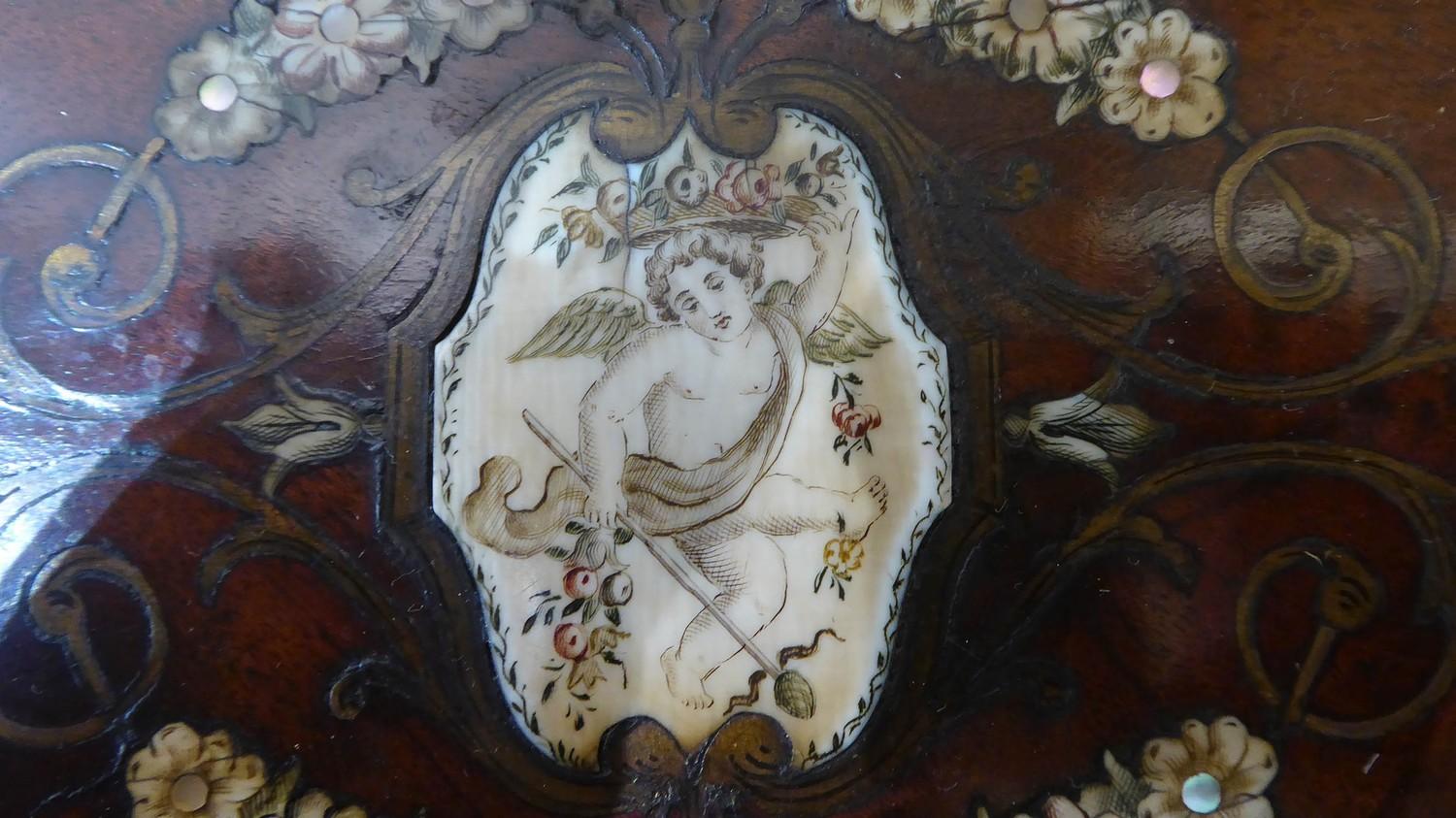 LADIES WRITING TABLE, Napoleon III mahogany, brass, ivory and mother of pearl inlaid with a frieze - Image 4 of 4