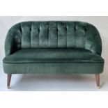 SOFA, Art Deco style Royal dark green velvet with arched button back and tapering supports, 125cm W.