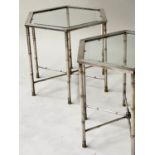 LAMP TABLES, a pair, octagonal Regency style silvered metal with bevelled glass, 51cm x43cm H. (2)