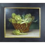 CONTEMPORARY SCHOOL 'Artichokes in a Wicker basket', oil on board, monogrammed M.R. lower right,