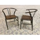 AFTER HANS J WEGNER WISHBONE STYLE CHAIRS, a pair, vintage steel framed with stitched brown