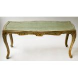 LOW TABLE, mid 20th century French Louis XV style gilt and cracklure green painted with glazed top