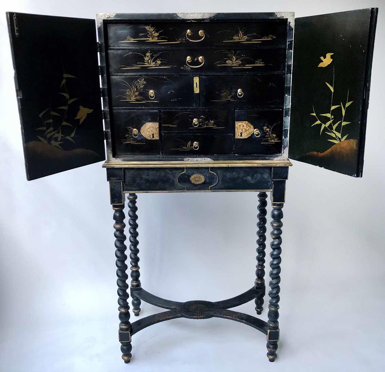 CABINET ON STAND, 18th century Chinese export decorated gilt and black lacquer with two doors - Image 3 of 6