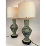 TABLE LAMPS, a pair, Chinese blue and white ceramic vase form decorated with fish, with carved